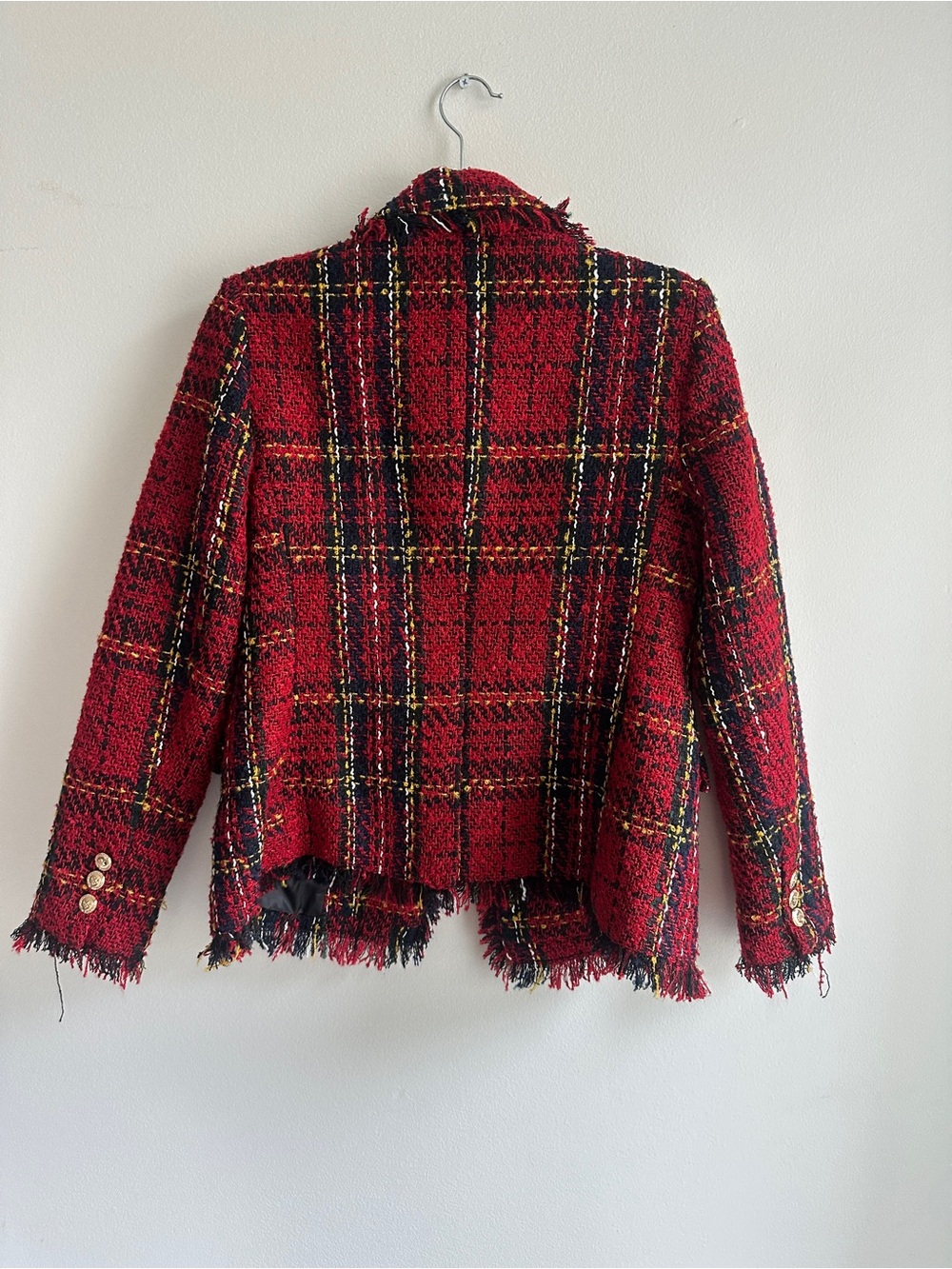 Walter Baker Red Plaid Tweed Blazer with Fringe Trim - Picture 2 of 4